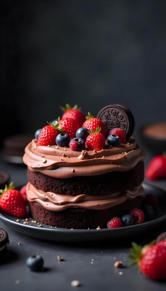 A chocolate cake with strawberries and berries on a black plate photo