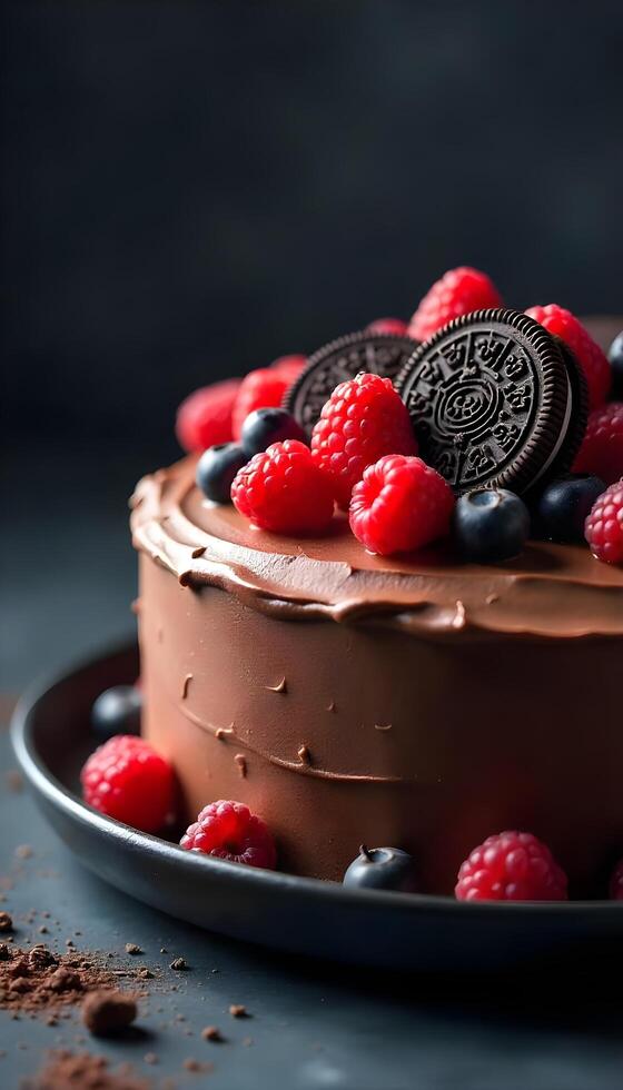 A chocolate cake with oreos and berries photo