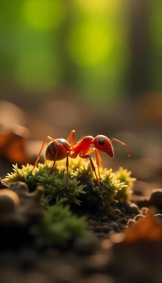 A red ant is walking on the ground photo