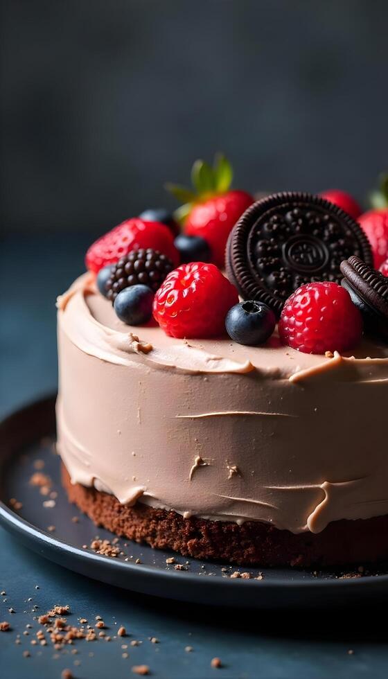 A cake with chocolate frosting and berries on top photo