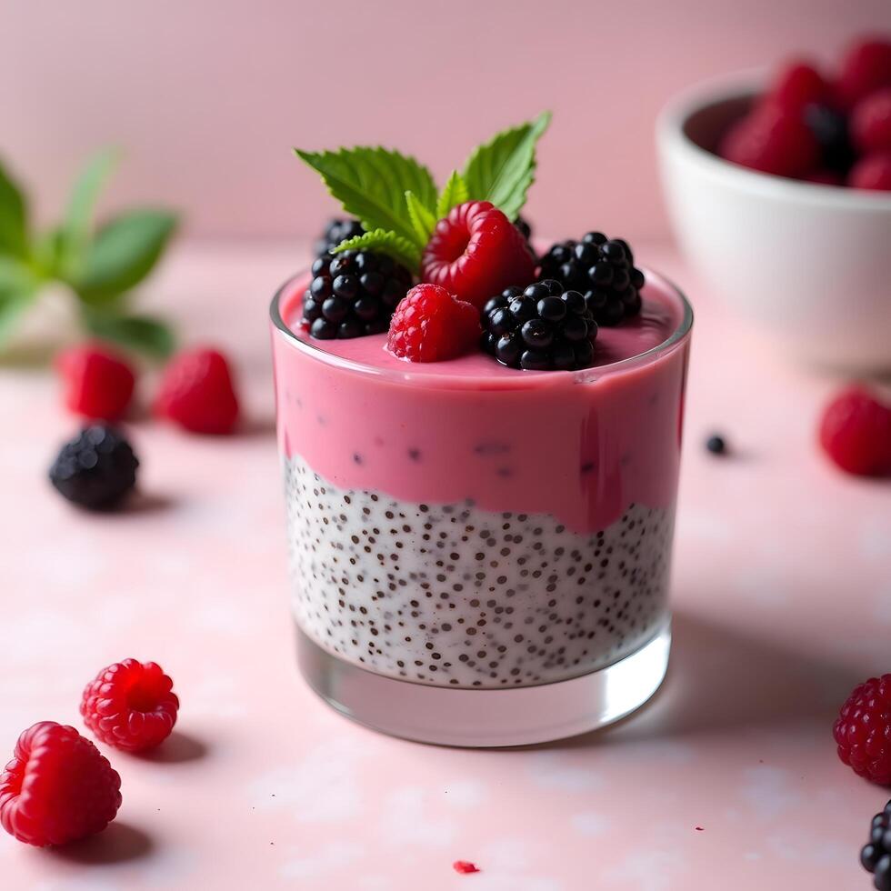 Healthy Chia Pudding with Raspberry Sauce and Fresh Berries in Glass Cup photo
