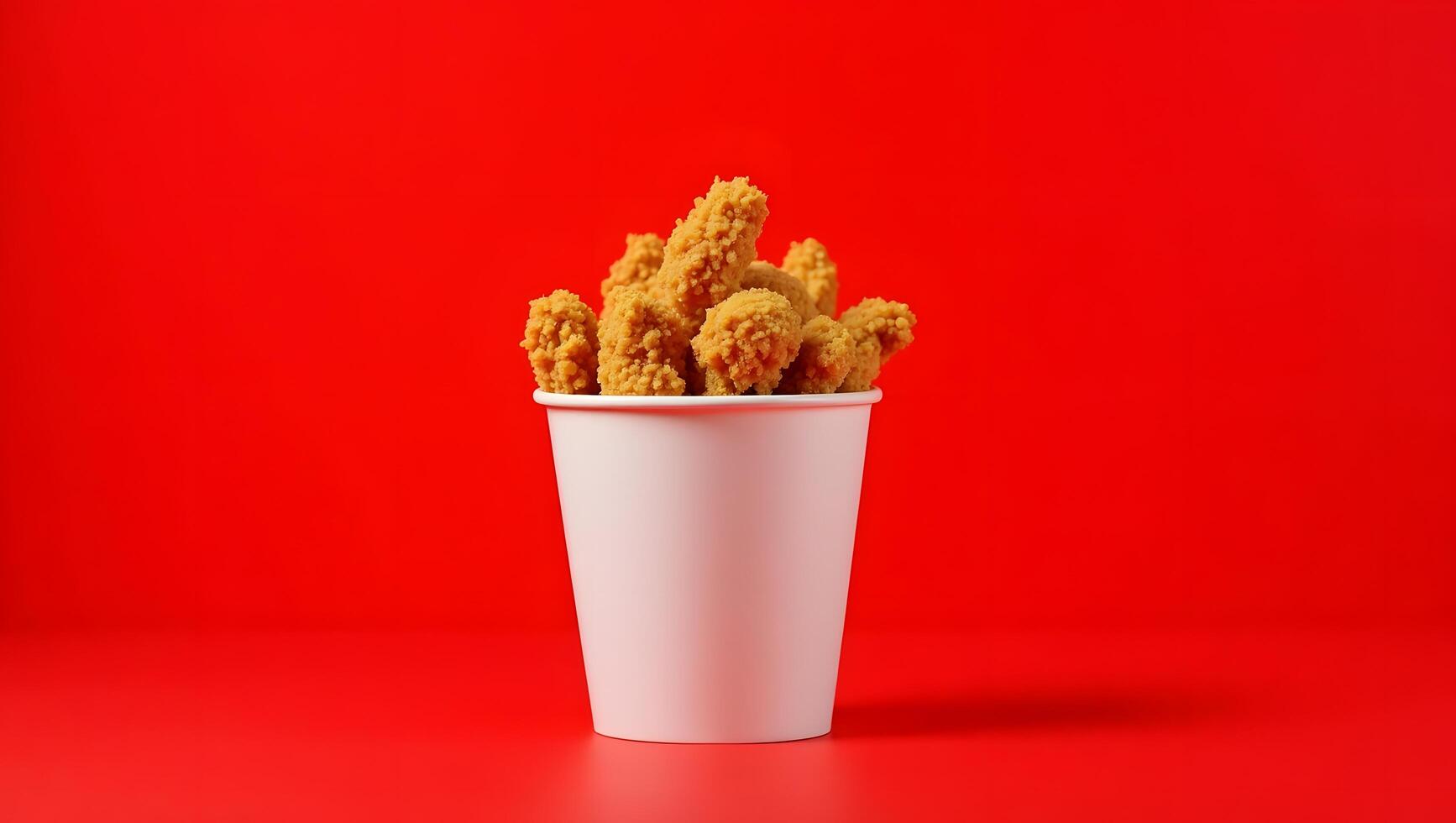 Delicious Crispy Fried Chicken Strips in White Paper Bucket on Red Background photo