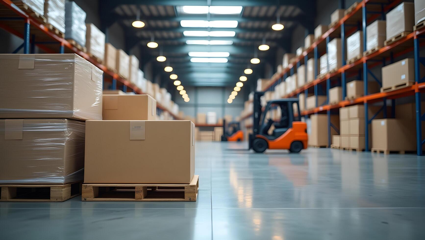 Modern Warehouse with Cardboard Boxes and Forklift in Logistics Center photo