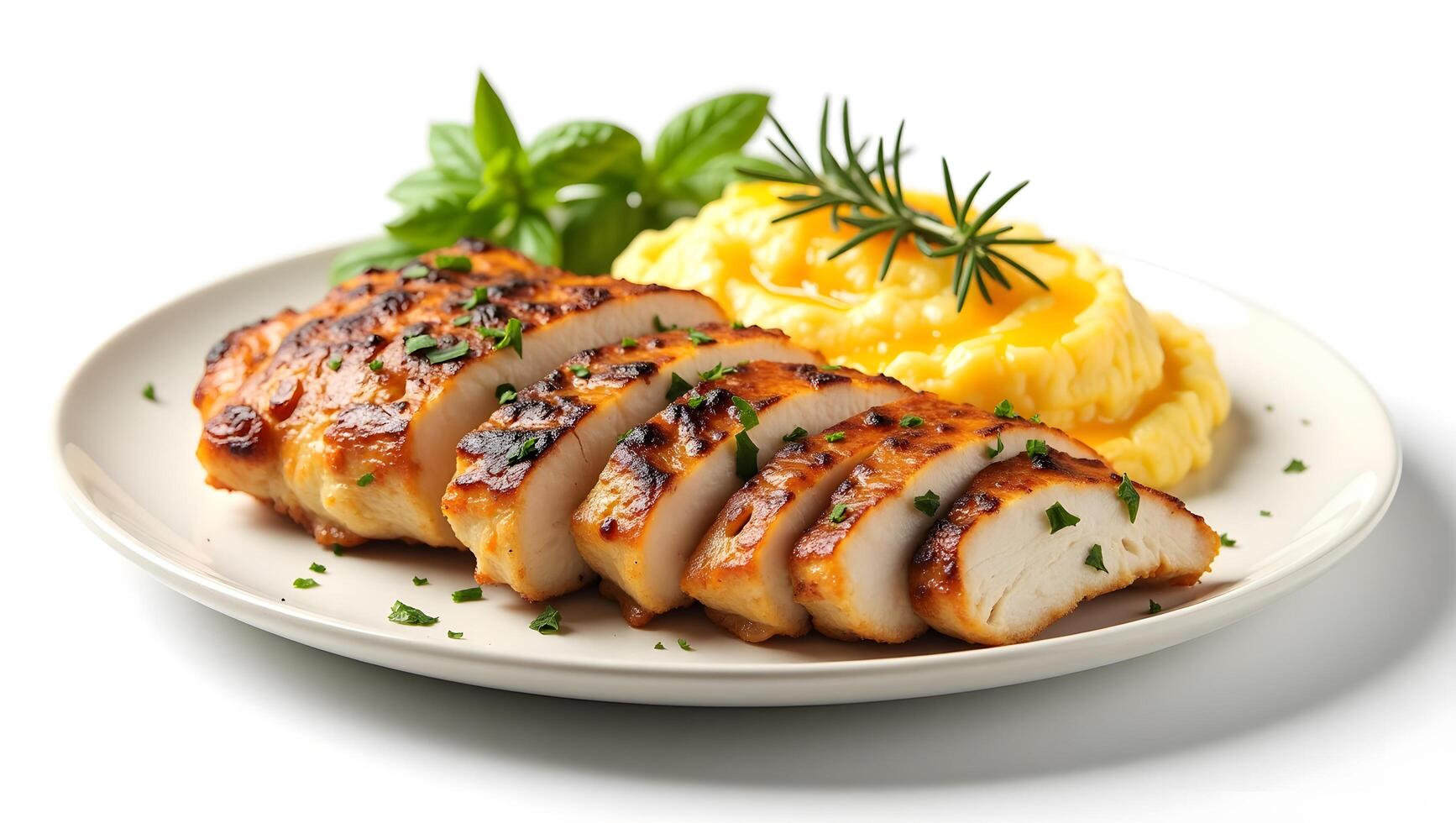 Juicy Grilled Chicken with Fresh Herbs on Wooden Plate photo