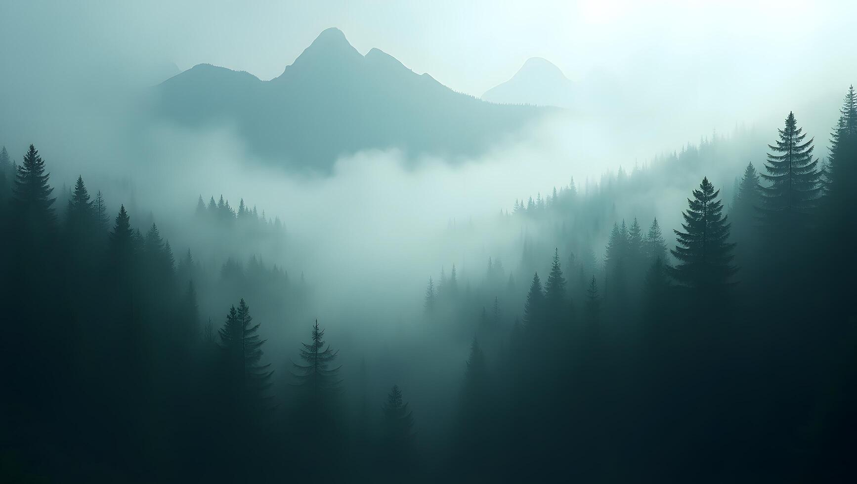 Mystical Foggy Forest with Mountain Silhouettes Serene Nature Landscape in Soft Light photo