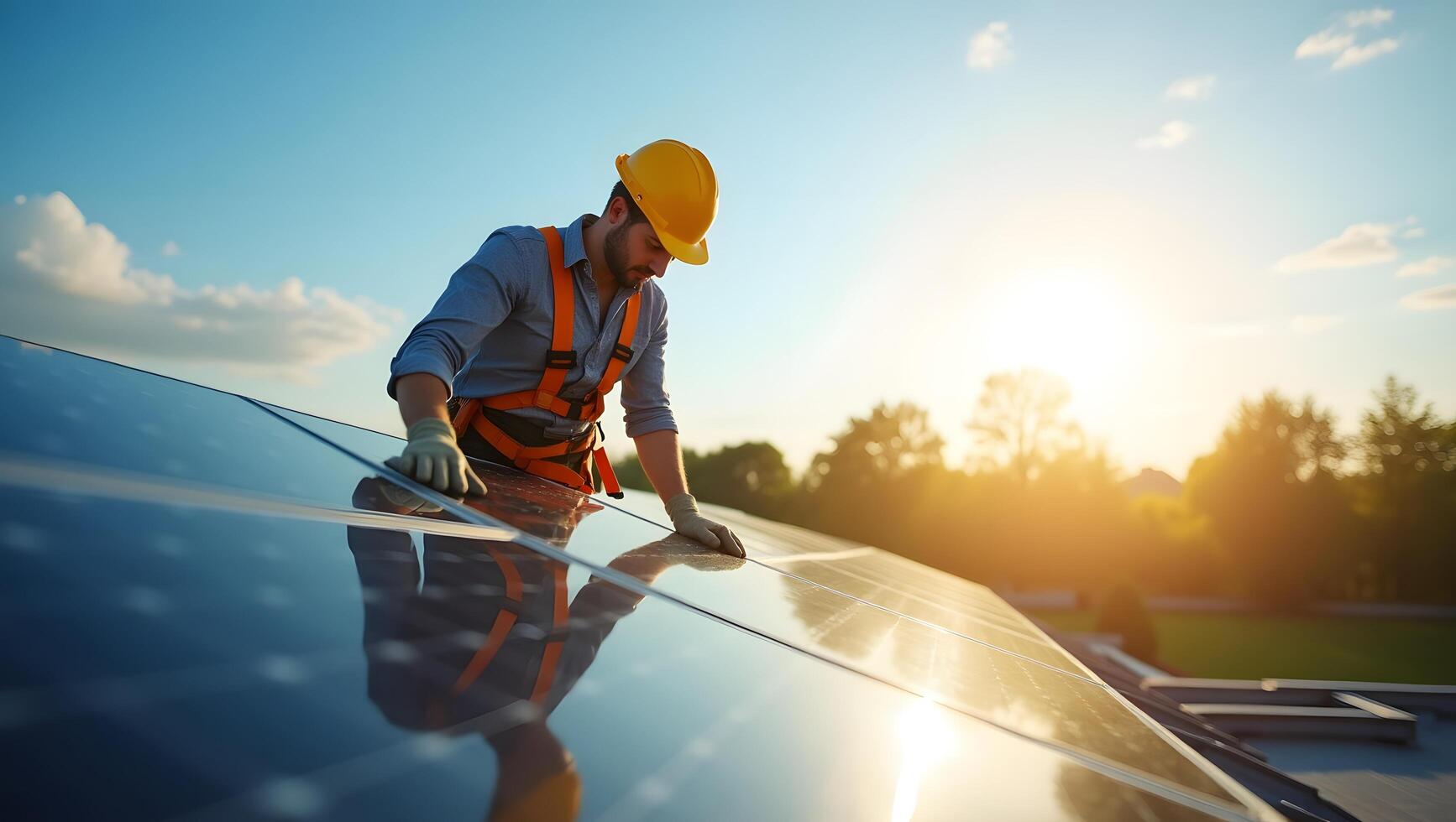 Solar panel technician installing renewable energy system on rooftop during sunset photo