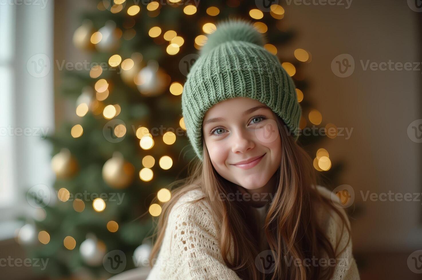 Smiling girl wearing green beanie in front of decorated Christmas tree photo
