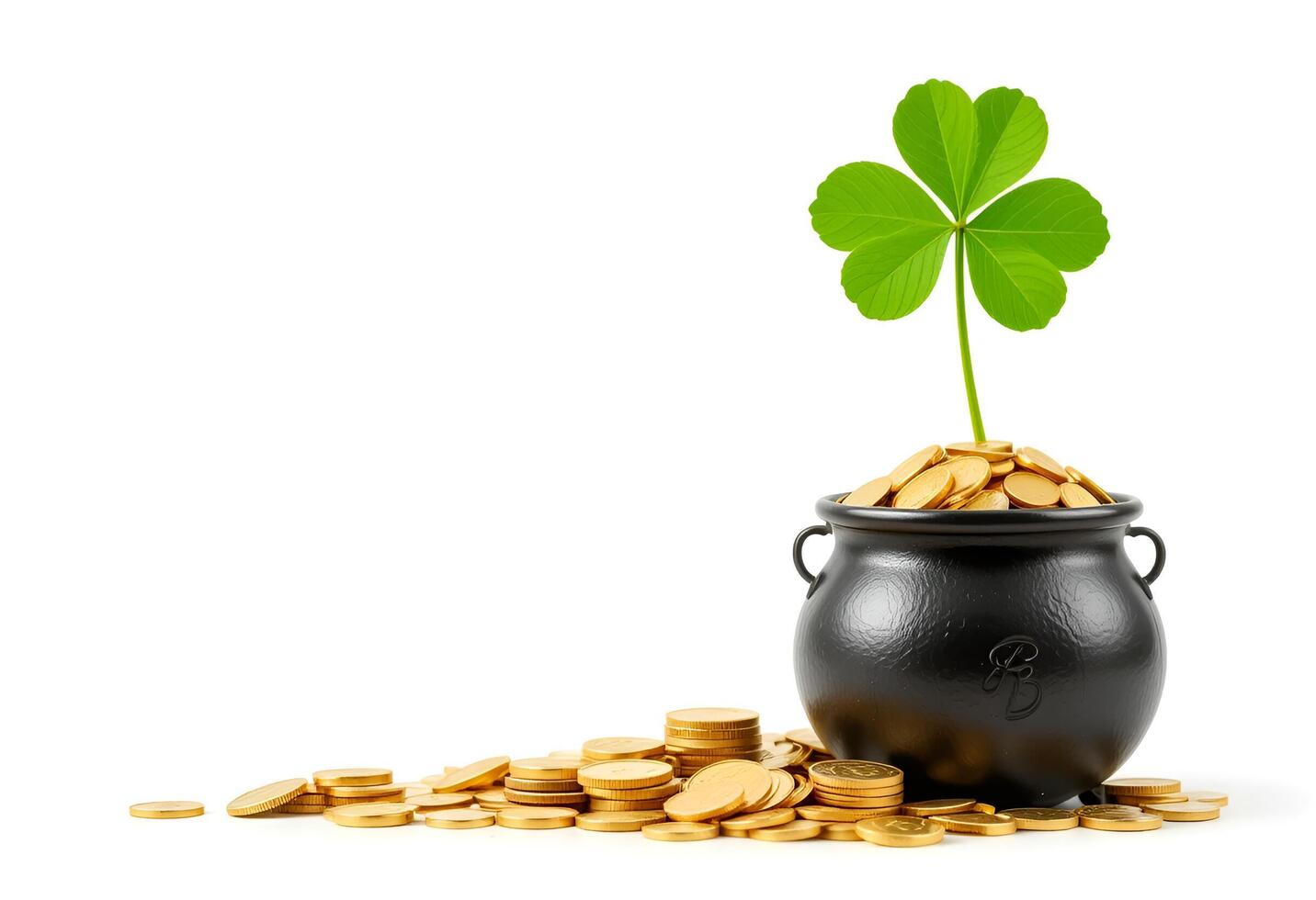 pot of gold coins, with green clover. It is a classic symbol of good luck and wealth, especially popular on St. Patrick's Day. photo