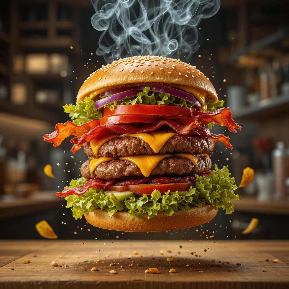 flying Large mouth watering burger with two sesame buns and layers of beef patties, cheese, vegetables and bacon looks very attractive. In background, interior of a cafe with French fries. photo