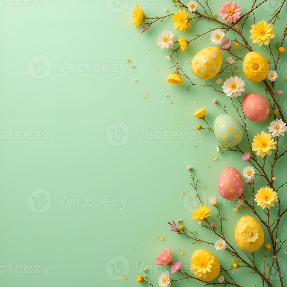 A green Easter background with space for the text. Easter eggs, flowers, branches and leaves on soft green background. photo