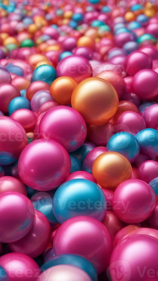 Colorful chewy candy balls in pink, blue, and gold creating sweet background texture, close-up macro shot photo