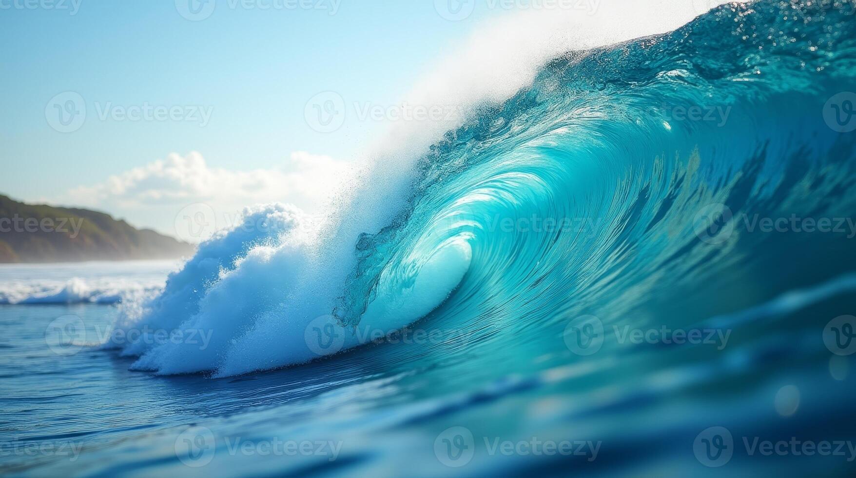 Powerful ocean wave curling near tropical coastline. Deep blue sea water with white foam. Surfing and nature background photo