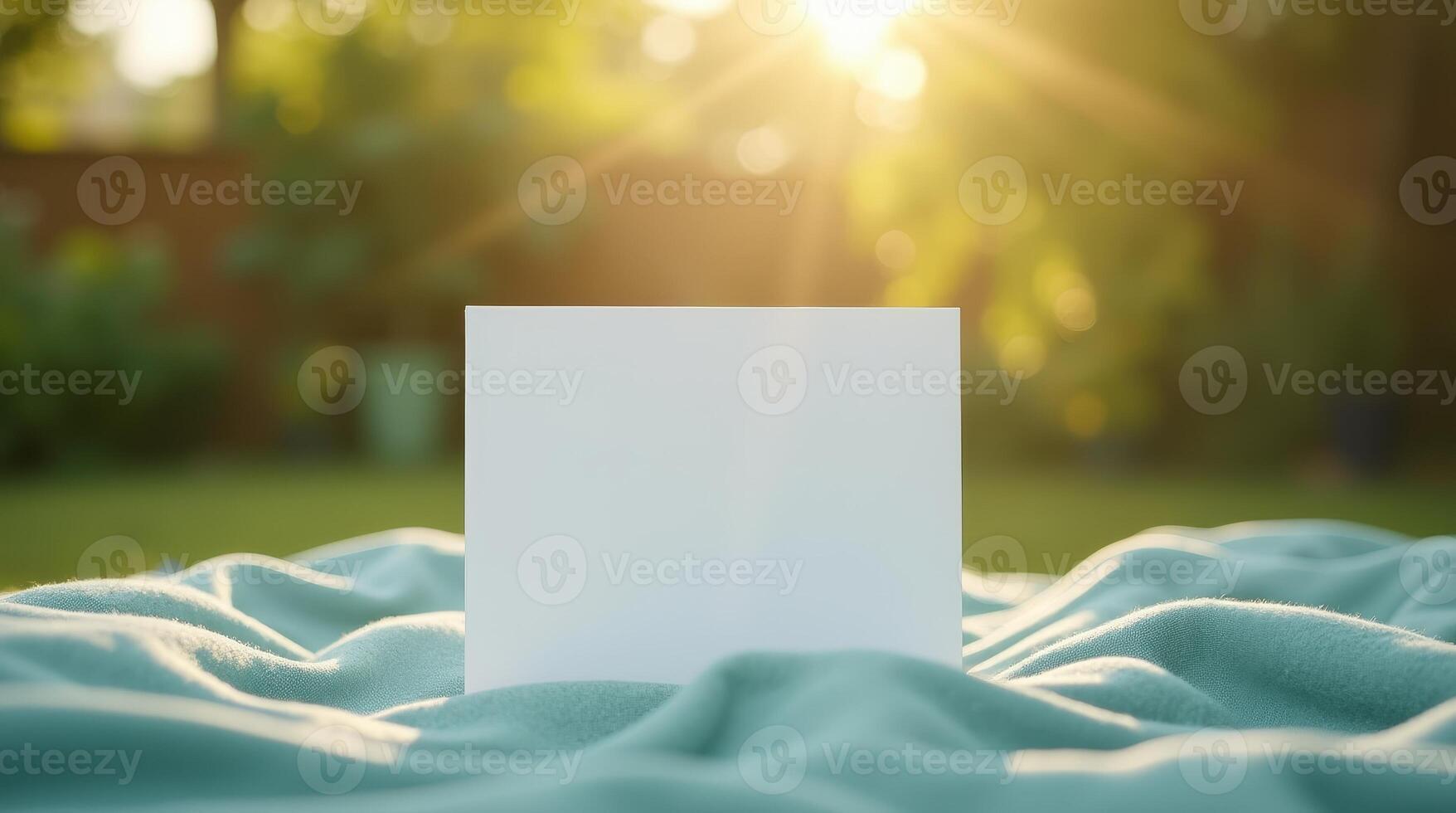 Blank white card on soft fabric with blurred green garden background. Outdoor invitation or greeting card mockup with copy space photo
