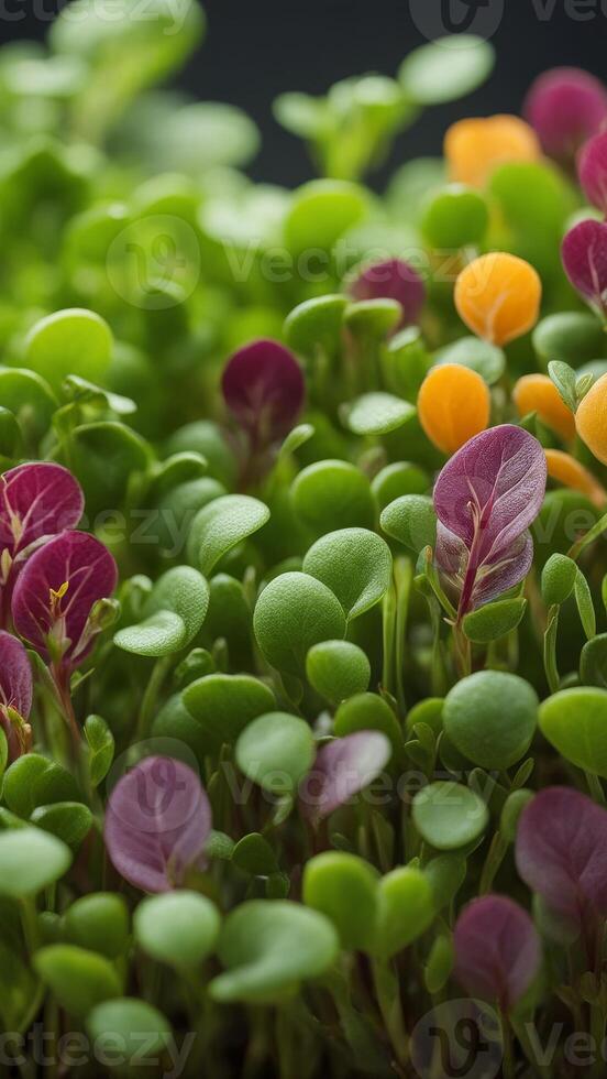 Colorful microgreens with green, purple, and orange leaves growing densely in a natural environment. Close-up macro shot of fresh sprouts photo