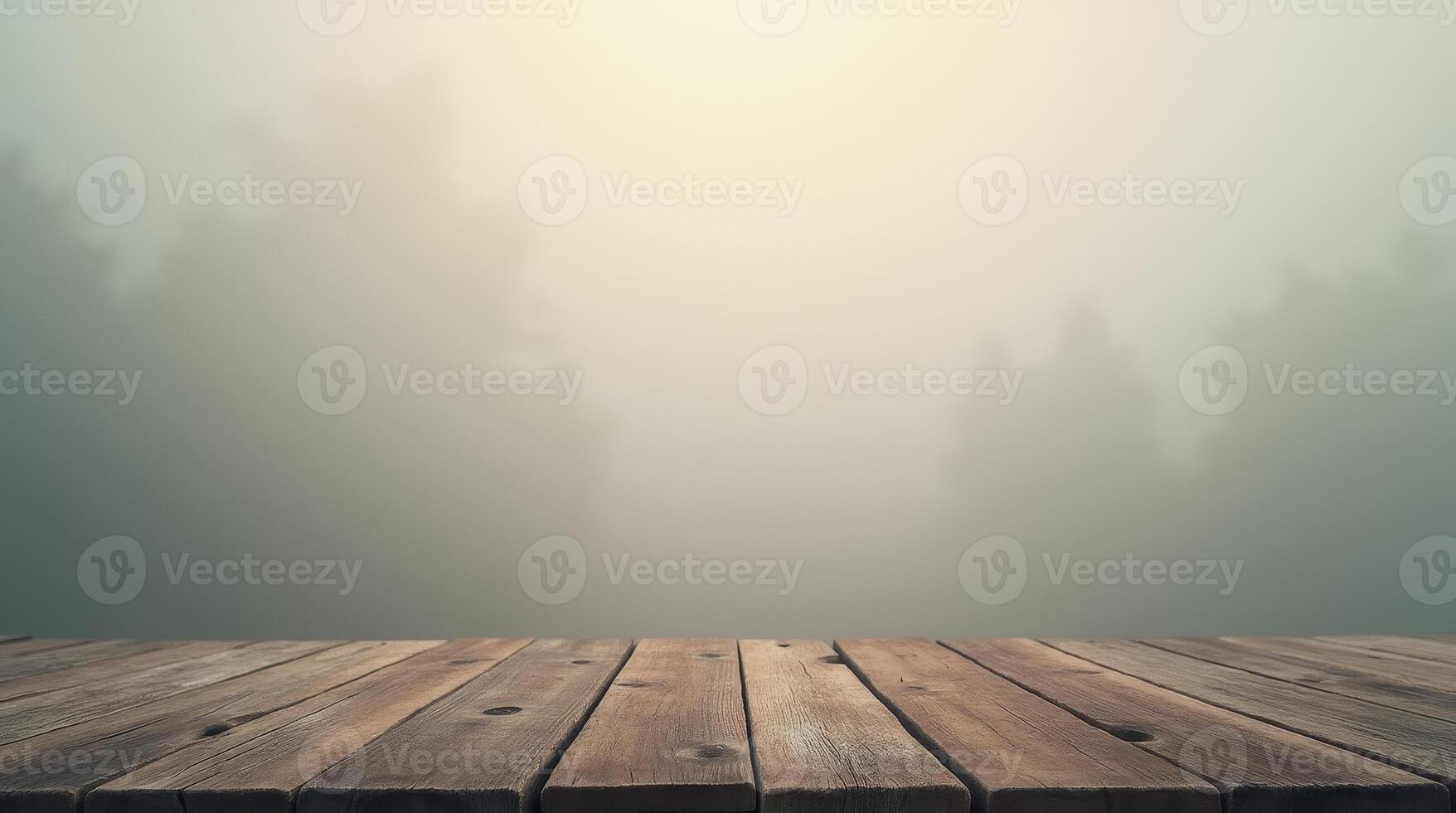 Rustic wooden table with foggy forest background and copy space. Empty planks with natural texture for product display, design, or backdrop photo