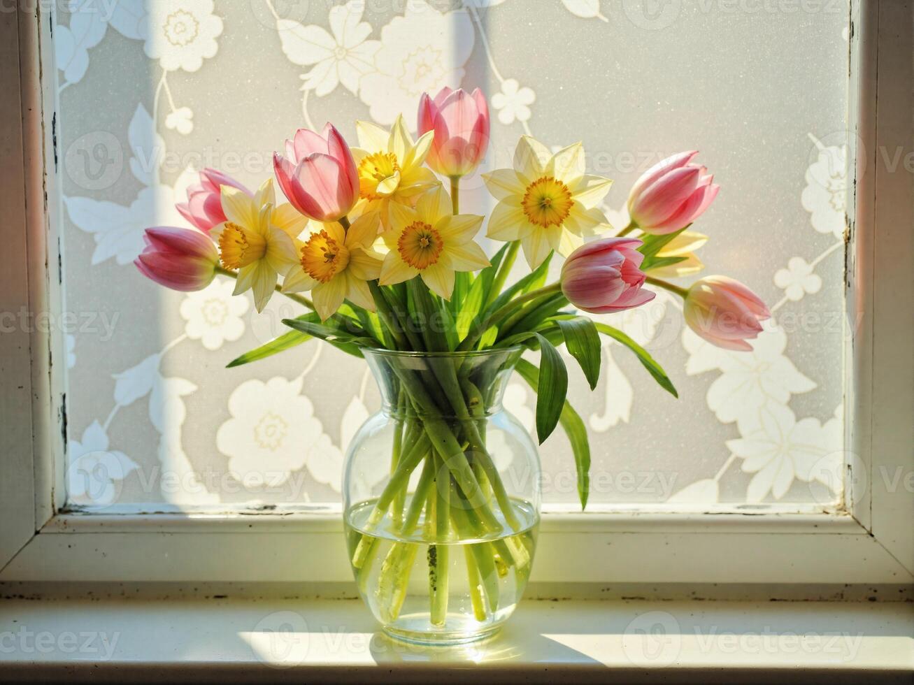 A vase filled with flowers sitting on a window sill photo