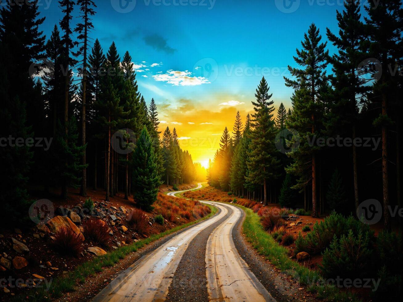 A road in the middle of a forest with the sun setting behind it photo