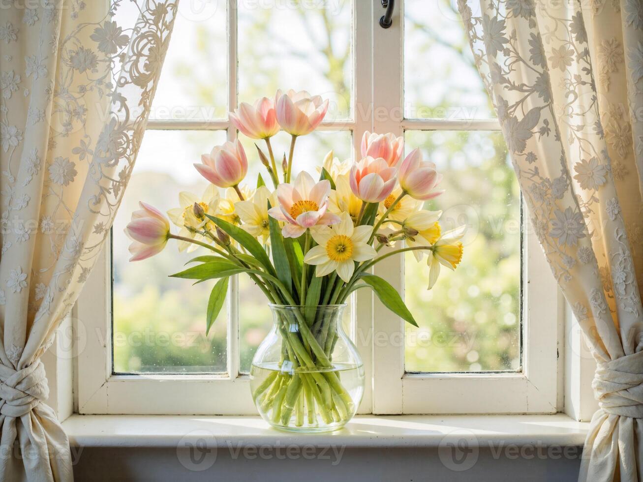 A vase of flowers sitting on a window sill photo