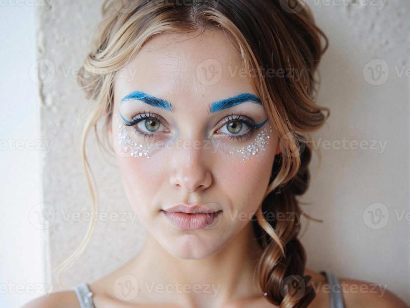 A woman with blue and white makeup photo