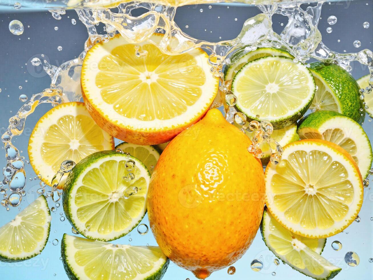 Lemon and lime slices in water with bubbles photo