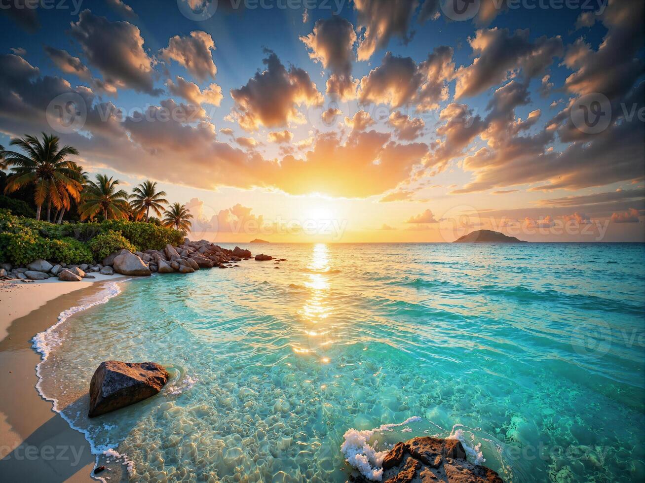 Tropical beach at sunset with palm trees and rocks photo