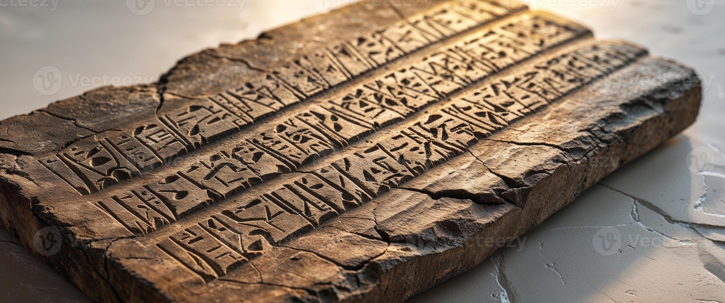 Ancient cuneiform text carved into a weathered wooden tablet. photo