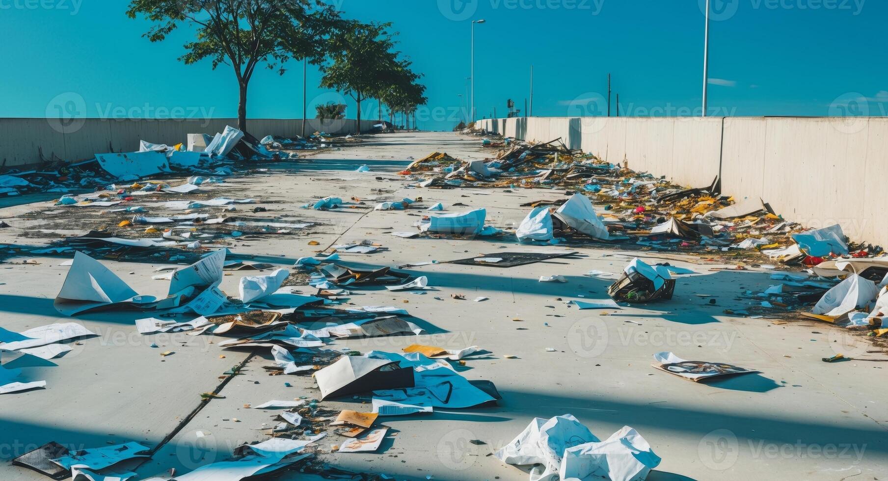 Street littered with debris and trash in an urban environment during daylight hours photo