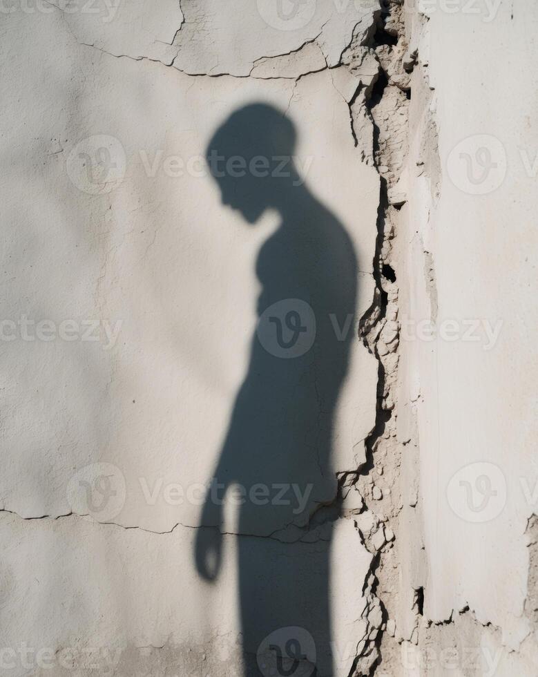 Shadow of a humanoid figure on a cracking wall surface photo