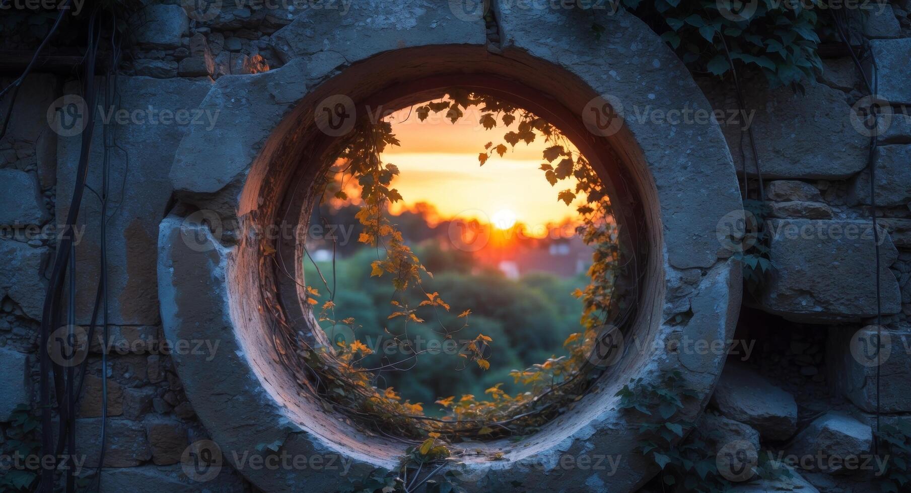 Sunset through ruined wall's round window photo