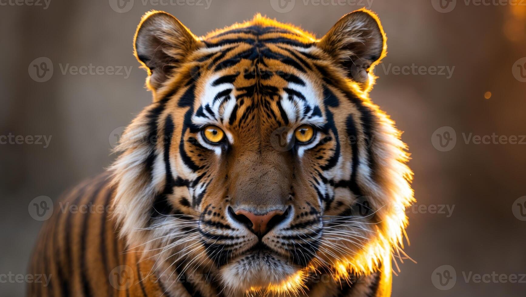 Majestic Tiger Staring with Intensity in Warm Golden Light photo