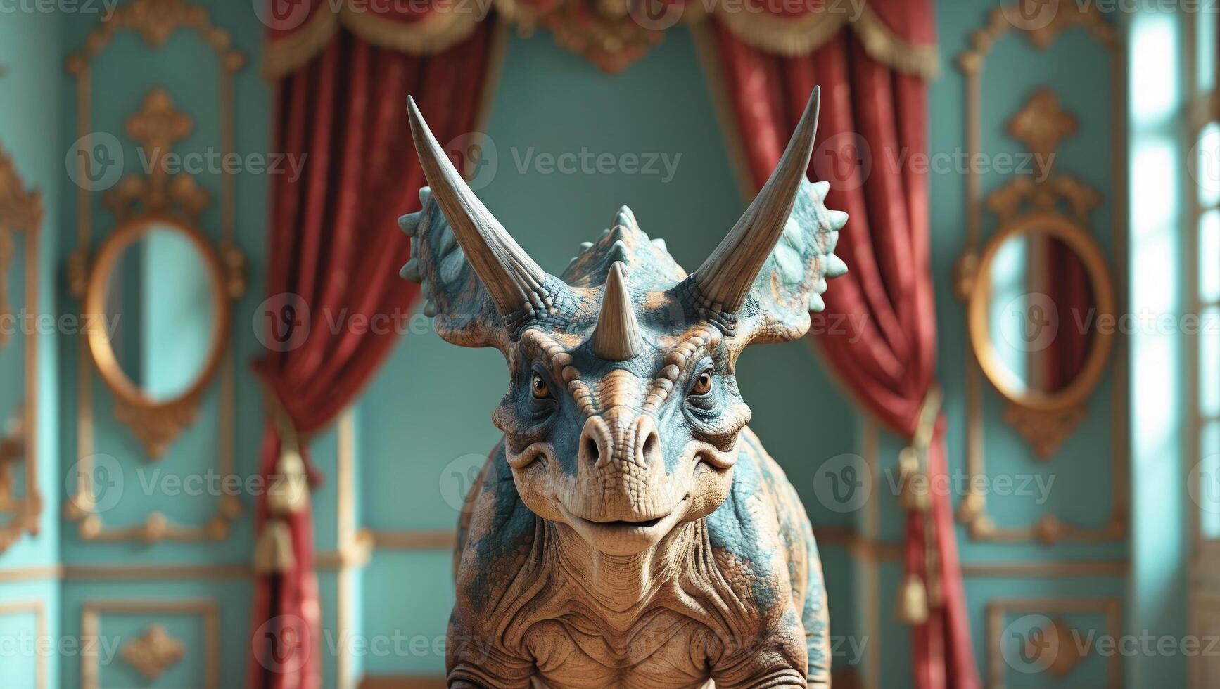 Triceratops in an Ornate Vintage Room with Natural Light and Classical Decor photo
