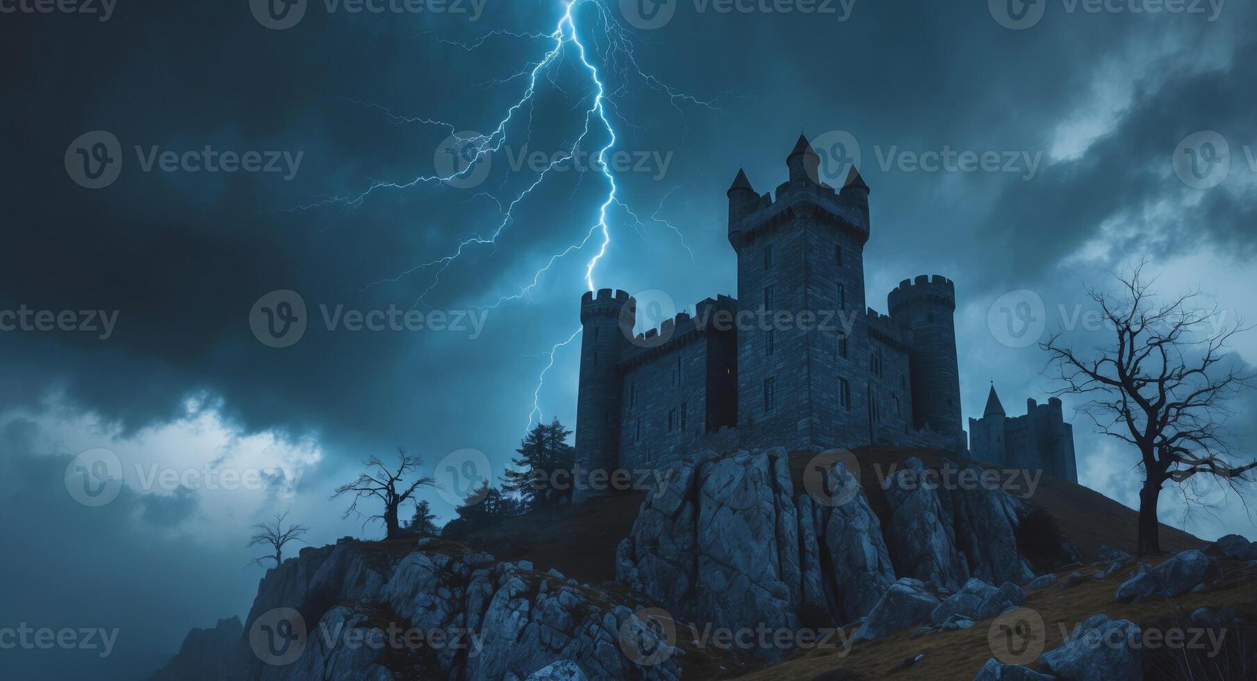 Spooky castle on a rocky hill illuminated by lightning strikes under a haunting stormy sky. photo