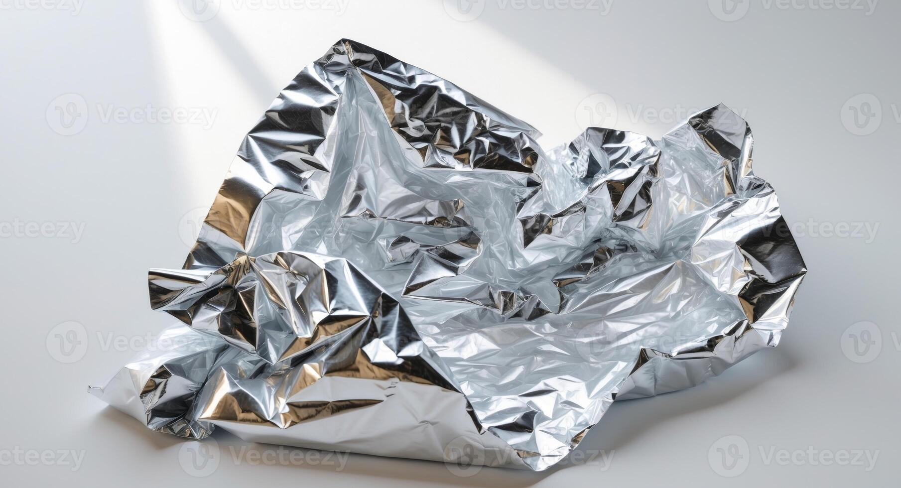 Crumpled reflective aluminum foil with metallic texture and light reflections. photo