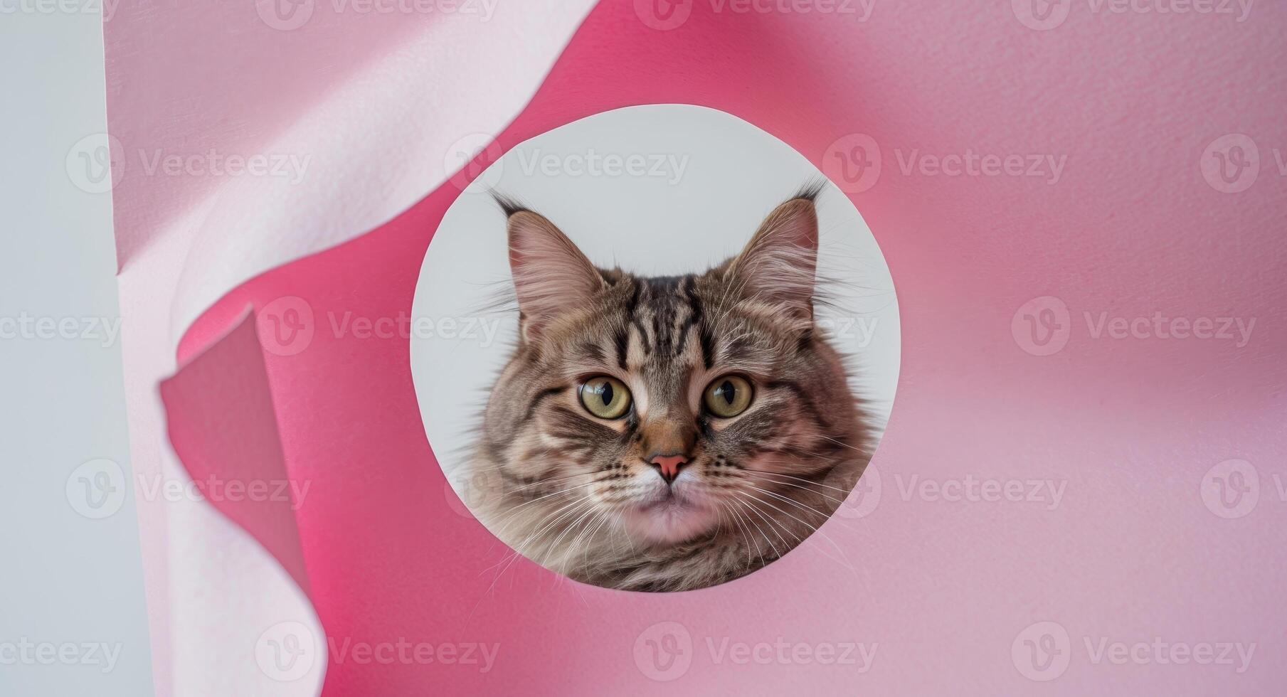 Curious cat peering through pink paper hole. photo