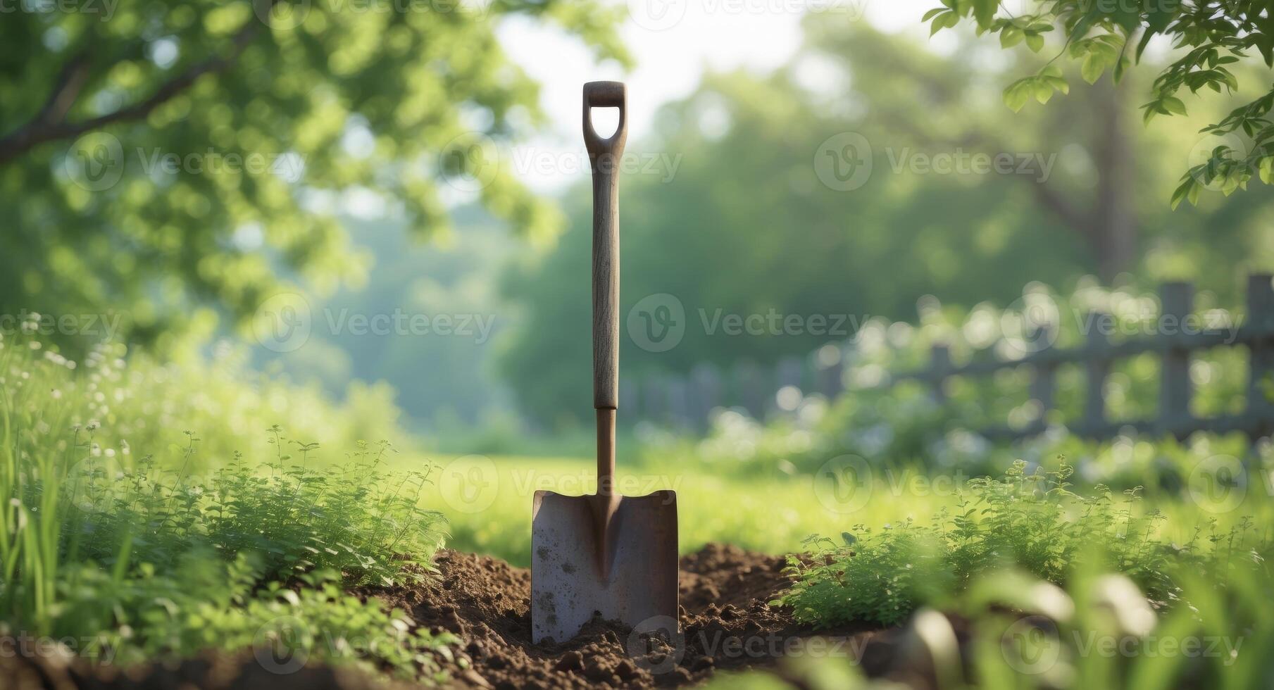 Garden Shovel Digging Into Soil in Sunlit Natural Setting with Lush Greenery Surrounding the Work Area. photo