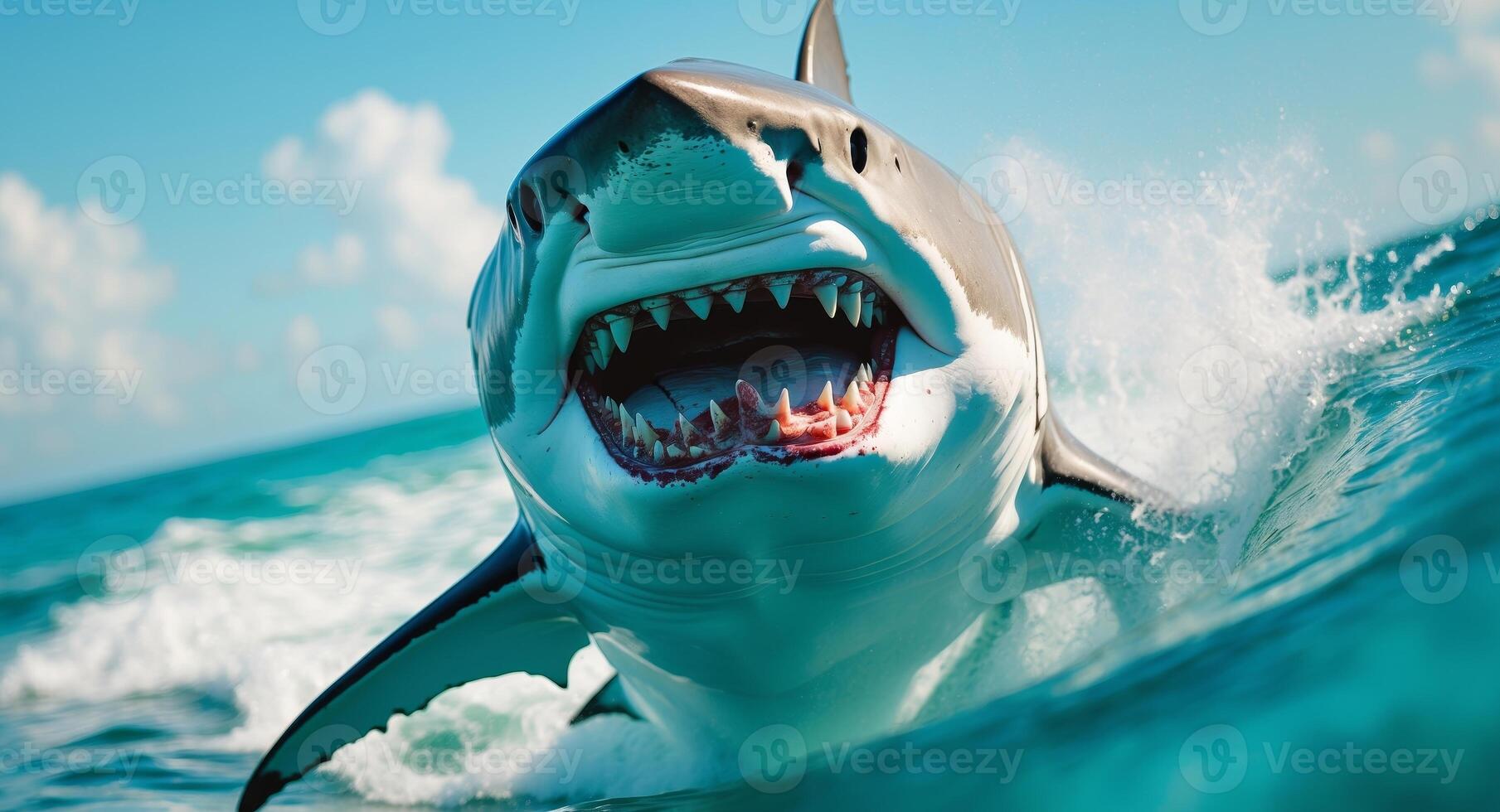 Ferocious White shark marine predator with big open mouth on the waters surface photo