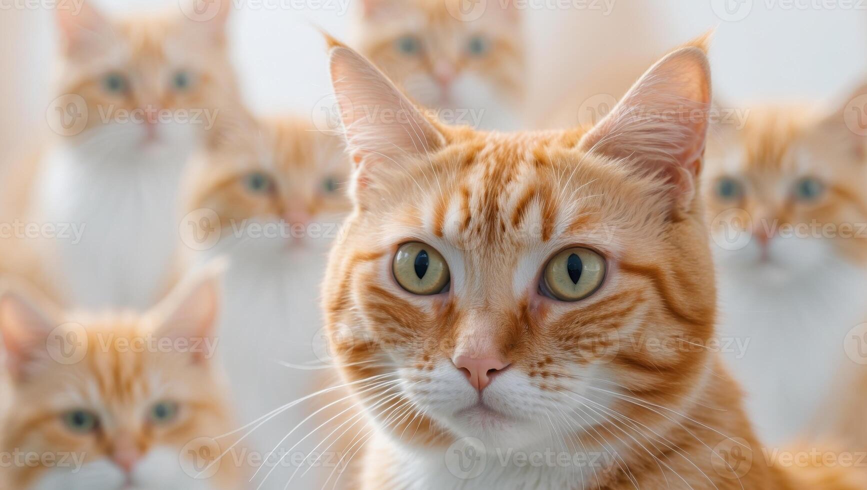 An orange cat is surrounded by many other cats photo