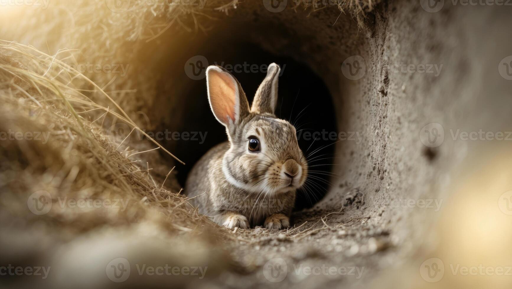A rabbit is sitting in a hole in the ground photo