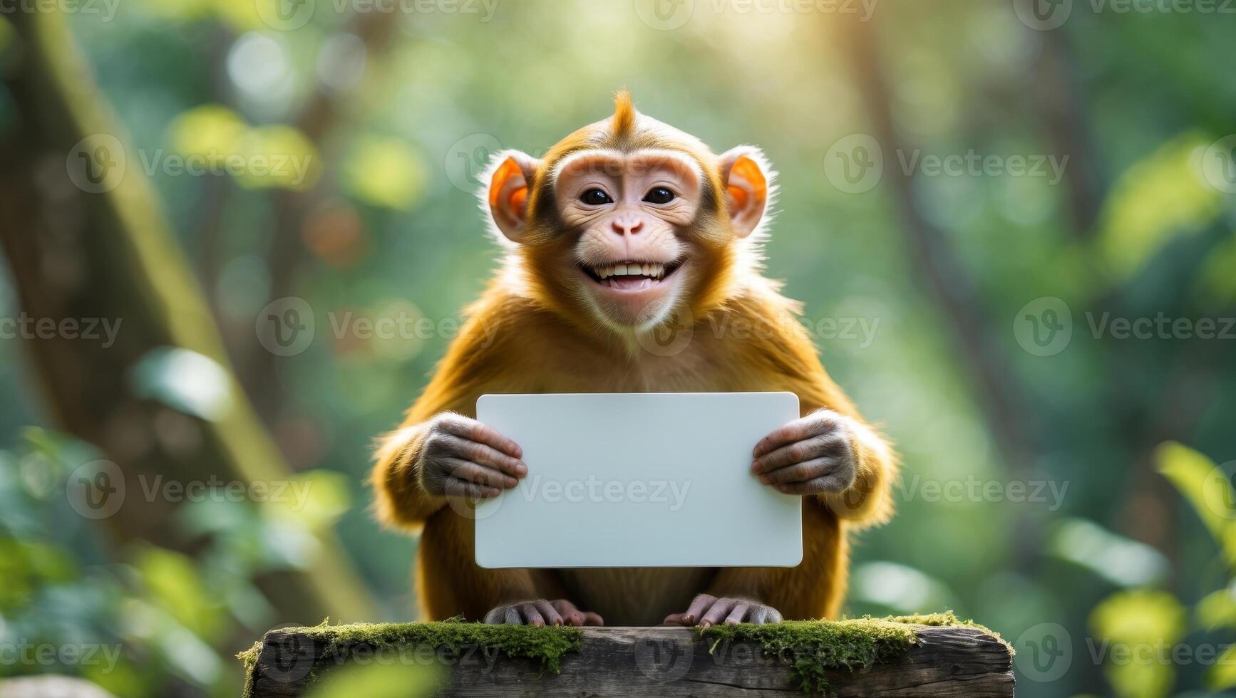 A smiling monkey holding a blank board in the forest photo