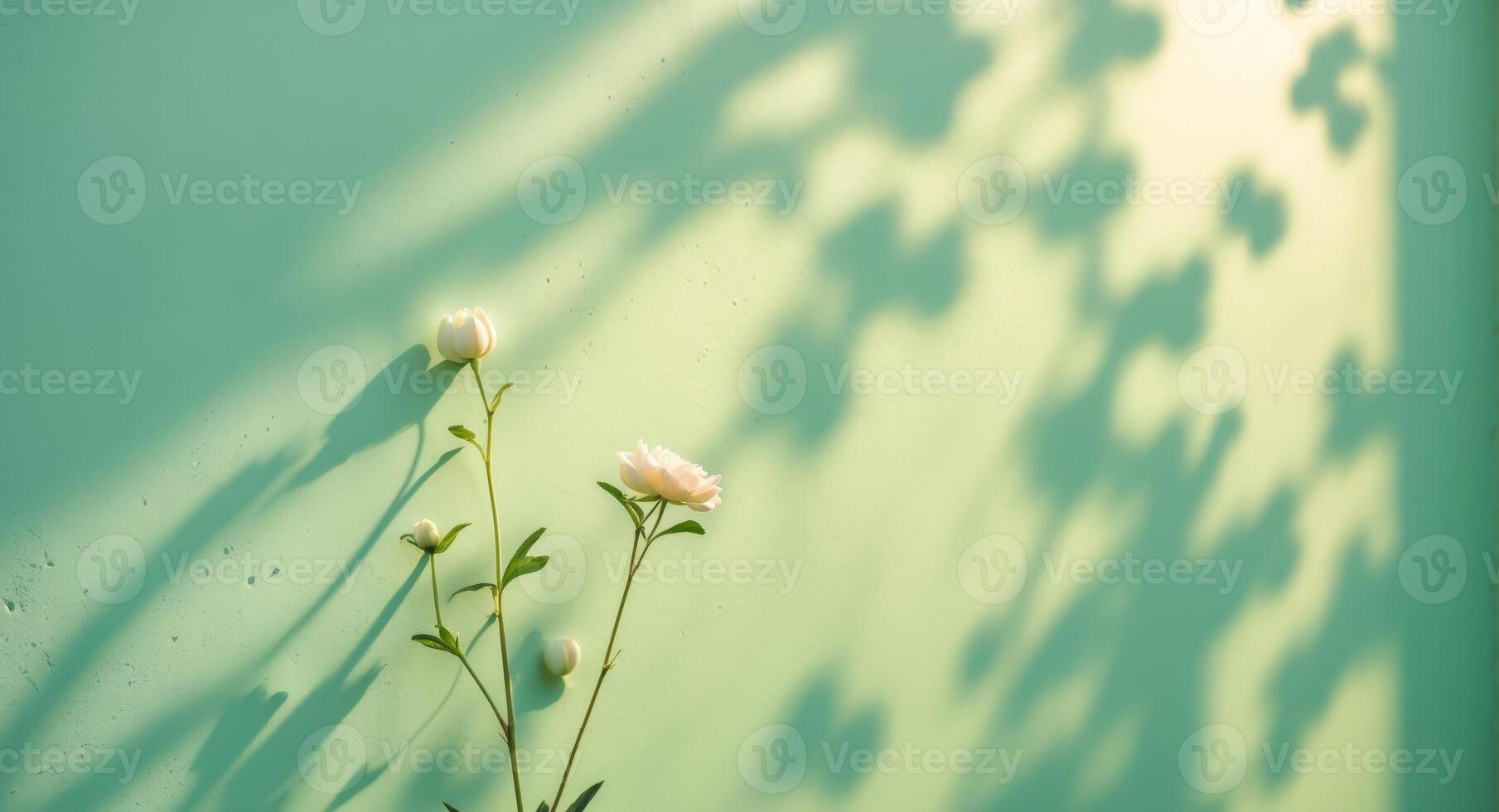 Beautiful Flower Shadows on Bright Mint Green Wall Illuminated by Morning Sun Create a Tranquil Ambiance for Nature Cosmetics photo