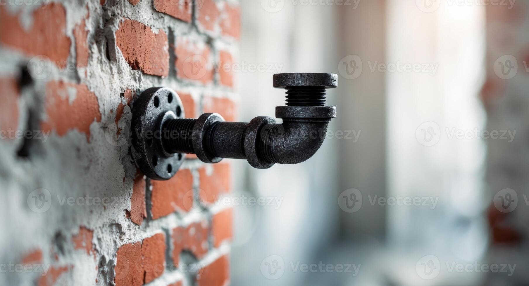 Industrial style black pipe mounted on a rugged brick wall depicting urban charm. photo