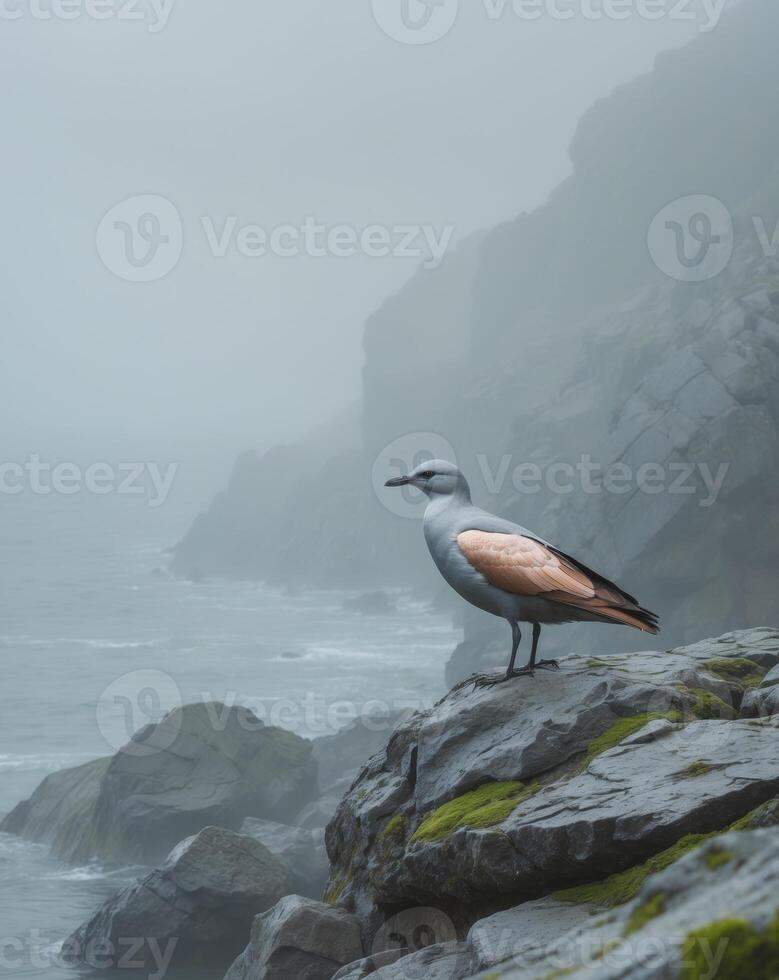 Metallic Bird Stands on Rocky Shoreline Overlooking Ocean in Foggy Atmosphere with Unique Texture and Coloration. photo