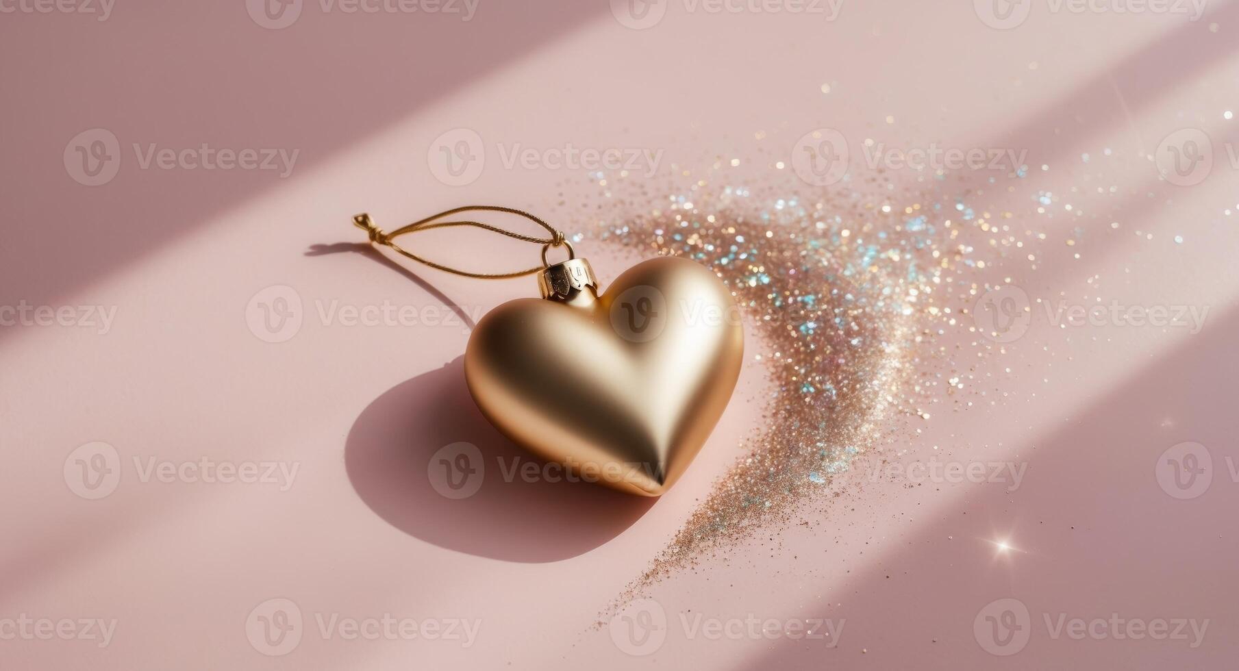 A gold heart is on a pink background with glitter. photo