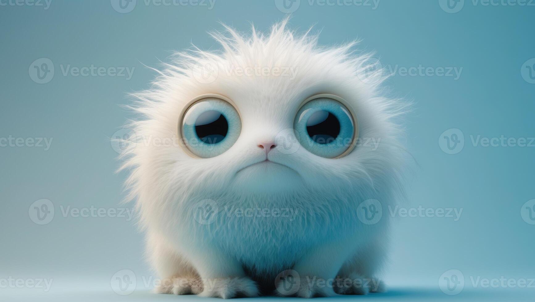 Fuzzy Creature with Large Eyes on a Soft Blue Background photo