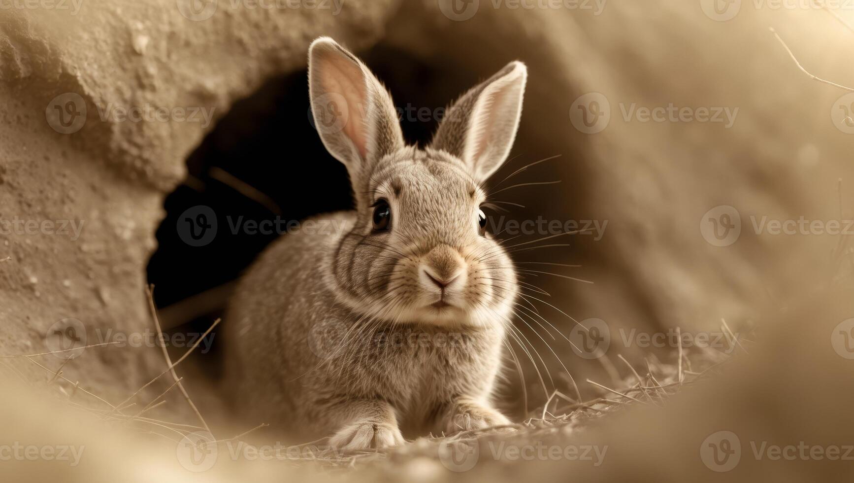 Curious Rabbit Peeking Out of Burrow with Backlit Golden Glow photo