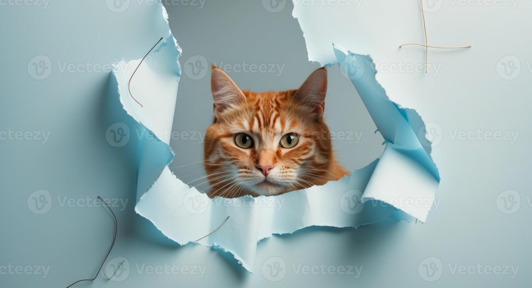 Curious Ginger Tabby Cat Peeking Out Through Torn Blue Paper Background photo