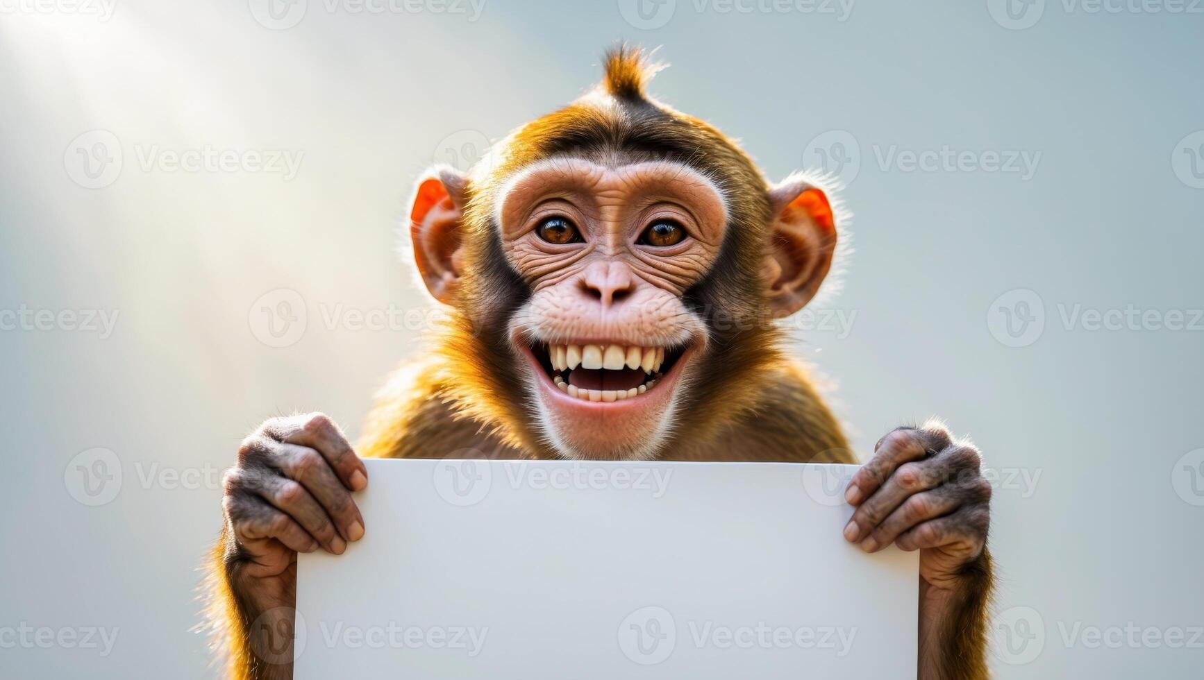 Cheerful Monkey Holding Blank Sign with Big Smile and Happy Expression photo