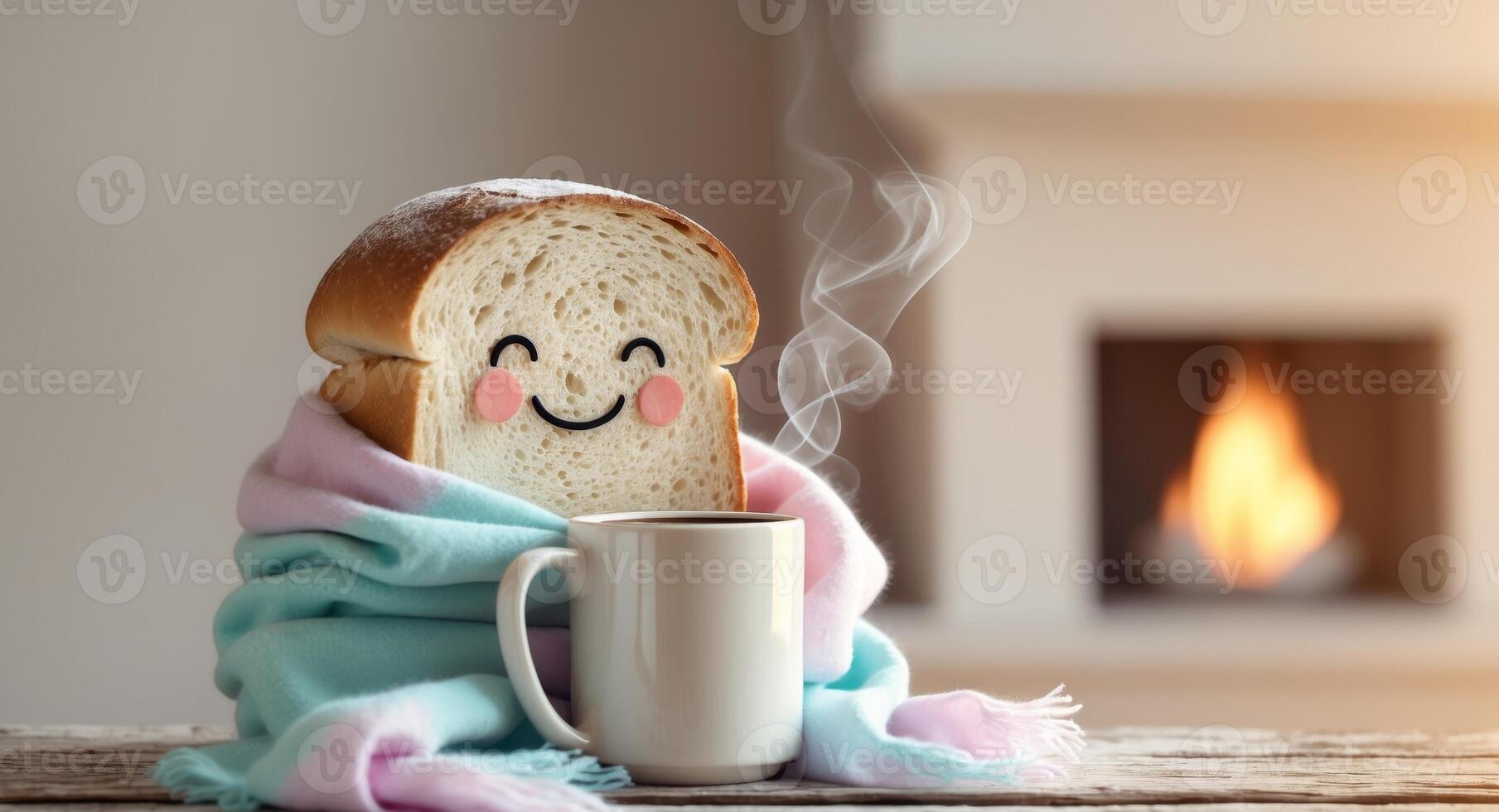 Bread with a scarf and a cup of coffee on a table by the fireplace photo