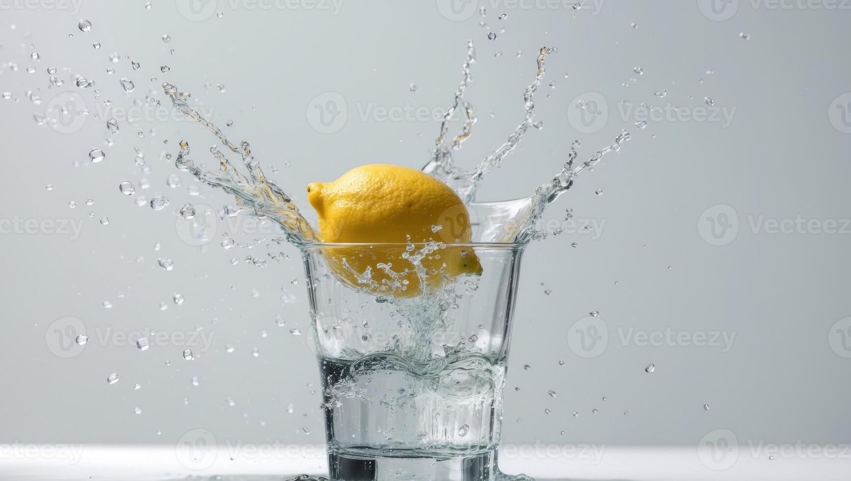 A lemon is being splashed into a glass of water photo