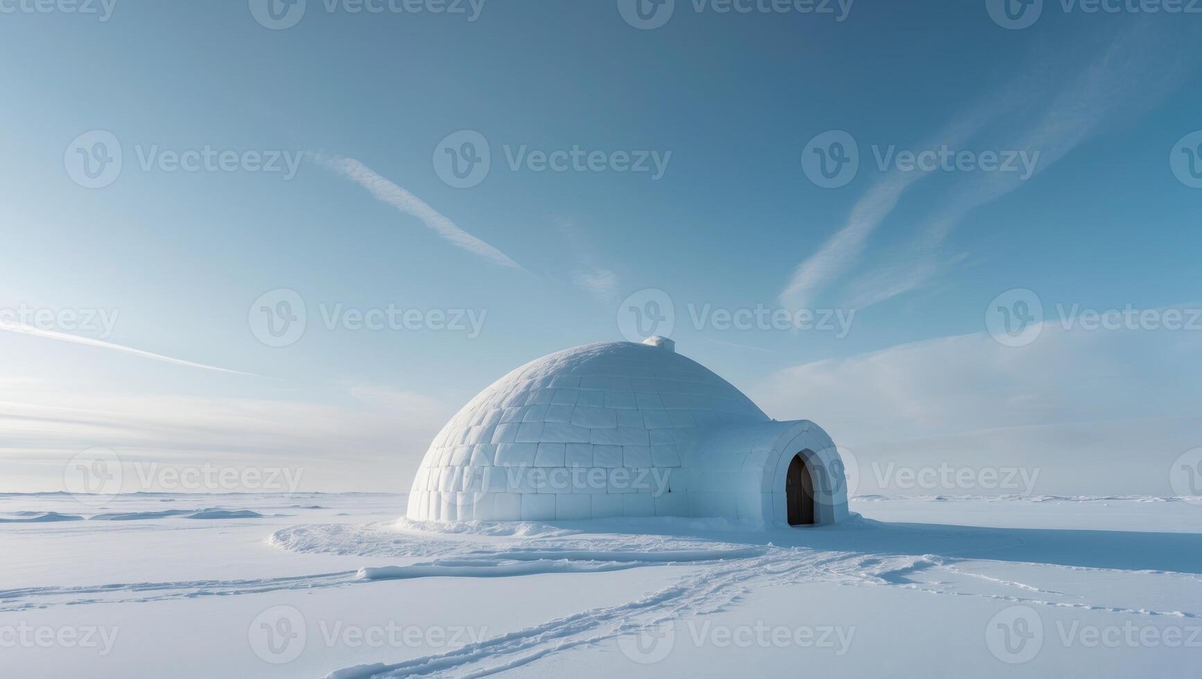 An igloo sits in the middle of a snowy field photo